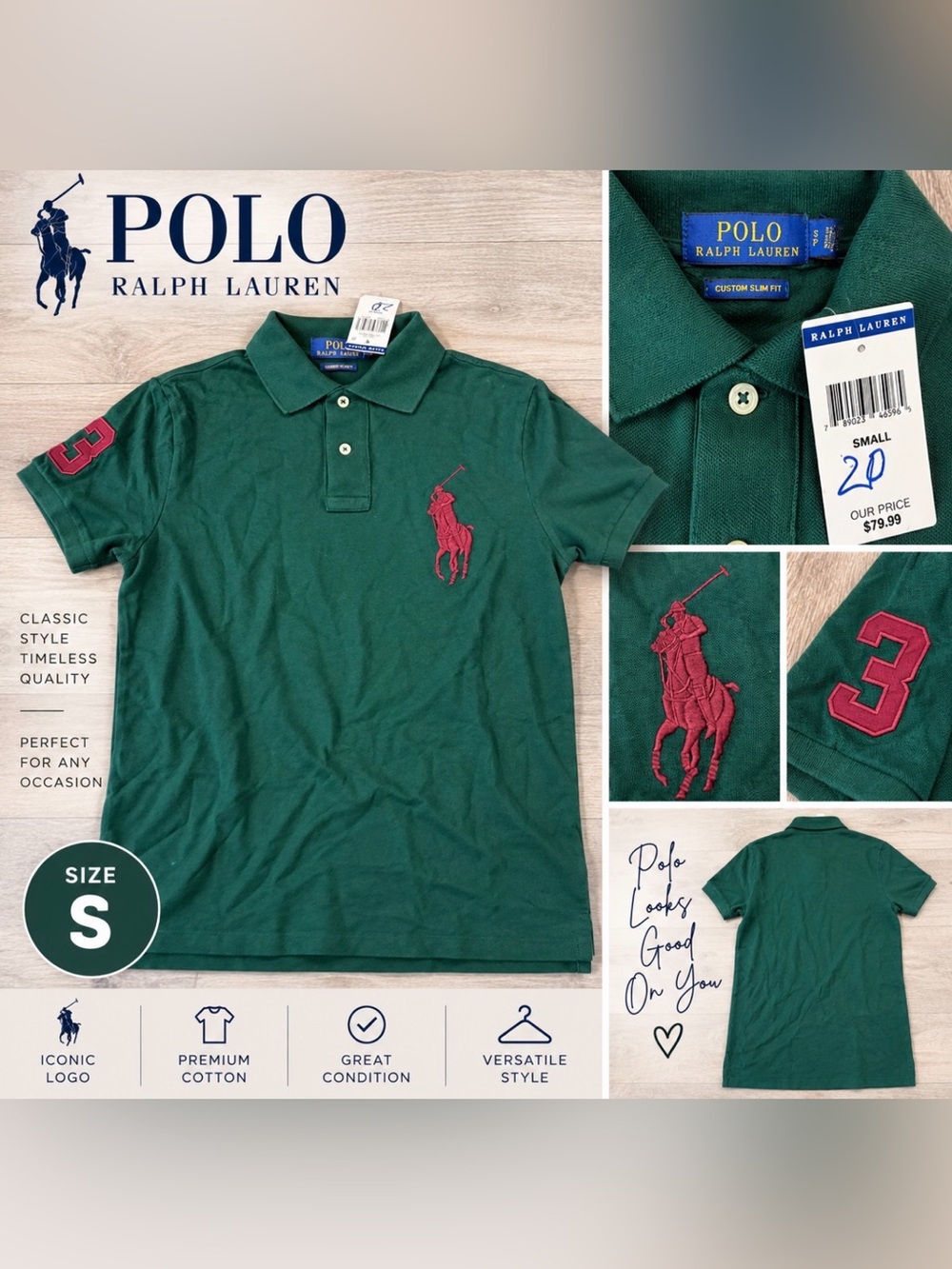 Polo Ralph Lauren Big Pony Polo Shirt Green Size Small NWT